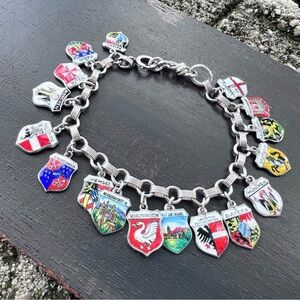 Vintage European Travel Bracelet 17 Sterling Silver & Enamel Shield Charms.